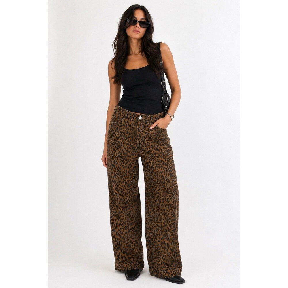 Luvamia Leopard Print Wide Leg Jeans Women XL High Rise Animal Print NWT